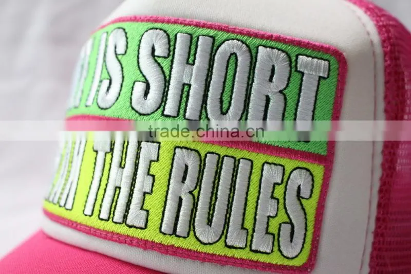 Top popular four color neon trucker cap with embroidery and applique