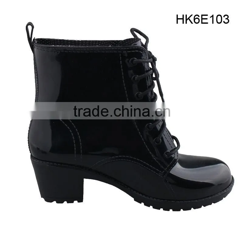 Cheap Black PVC Women Wedge High Heel Rain Boots with Fancy Lace