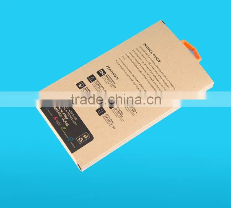 2016 Customized brown kraft paper box for tempered screen protector with silver stamping and plastic hanger