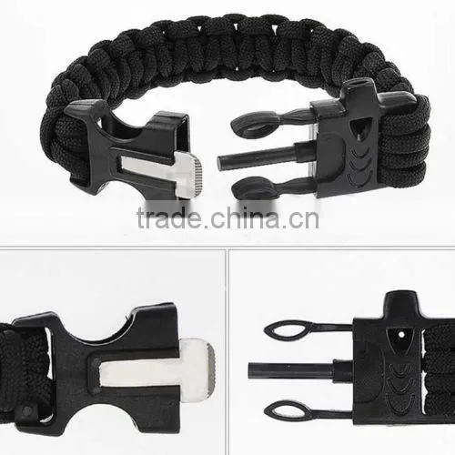 Black Survival Bracelet Outdoor Paracord Flint Fire Starter Scraper Whistle Gear