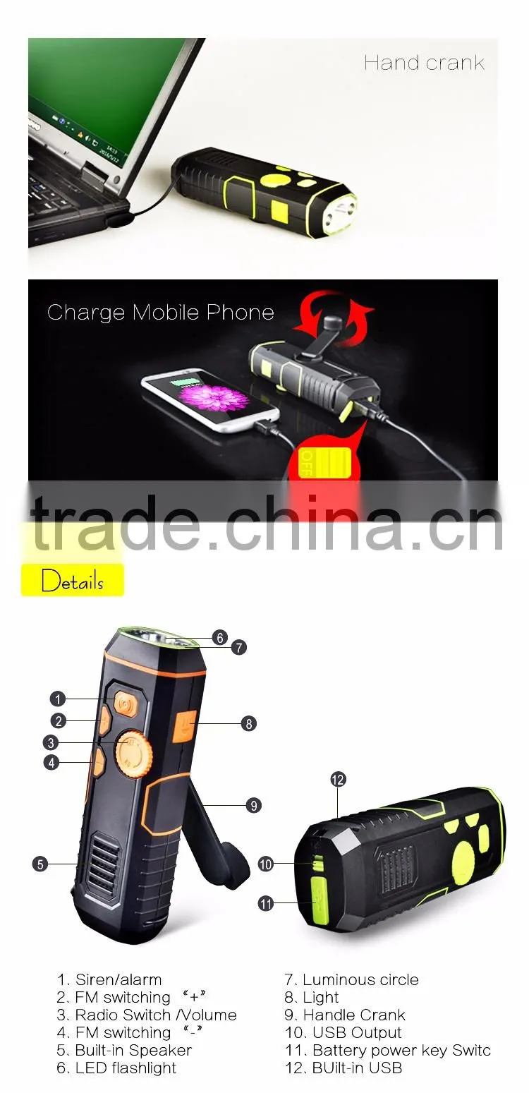2016 New Handcrank Dynamo LED Flashlight Radio FM Radio Power Output Flashlight