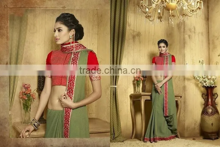 Viscose Red Resham Work Lehenga Saree