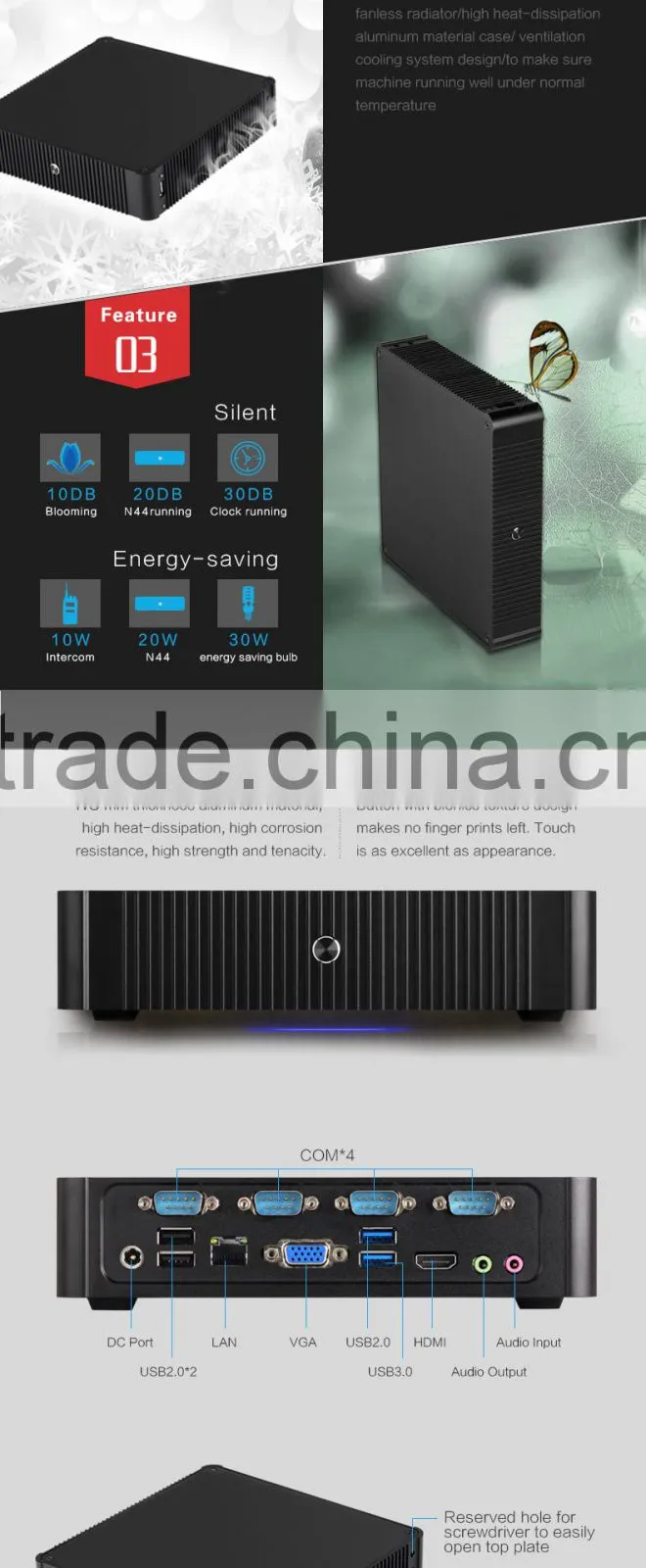 Fanless mini pc 12v mini pc J1900 CPU 4*COM VGA+HDMI windows xp linux system
