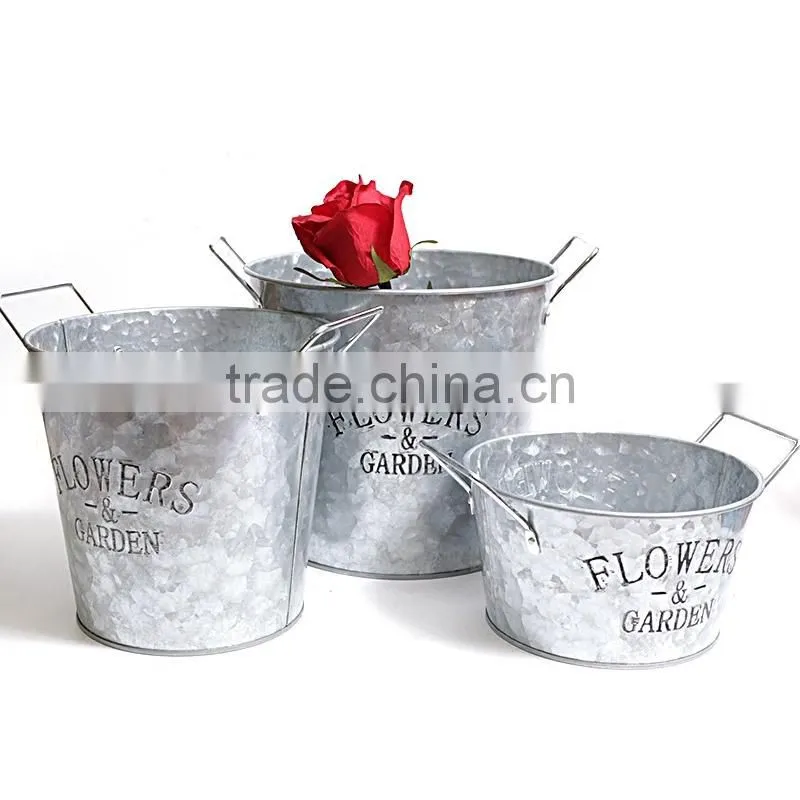Retro design oval galvanized iron flower pot metal garden planter pot with double handles