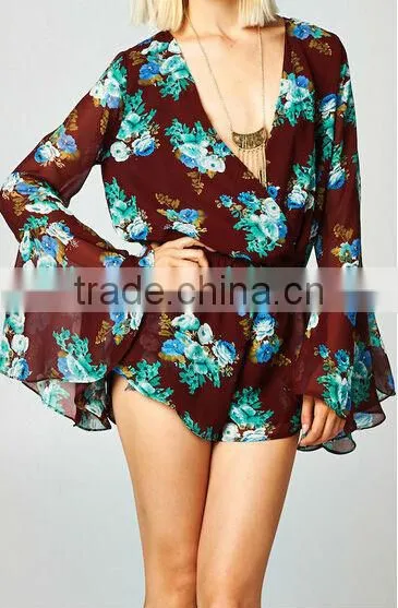 cheap 2015 sexy ladies Long bell sleeve Deep V neck print floral plus size loose short chiffon playsuit romper jumpsuit