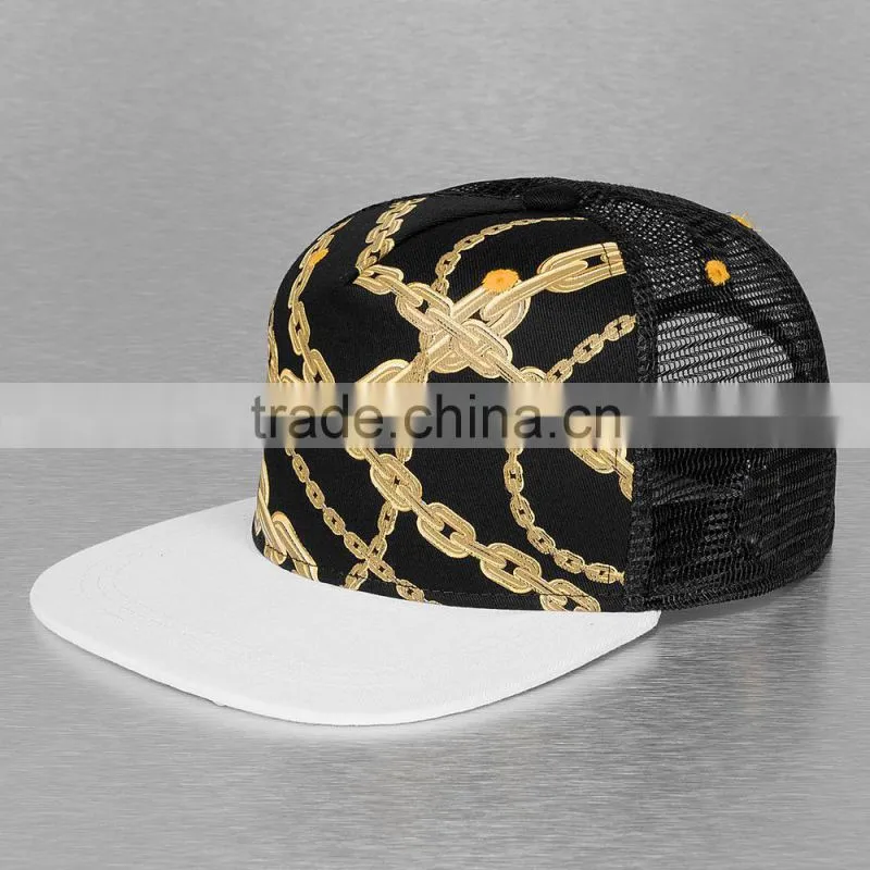 5 Panel flat brim custom black printed trucker hat mesh
