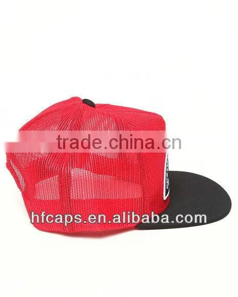 red custom design 6 panel flat bill full plain snapback mesh cap and hat