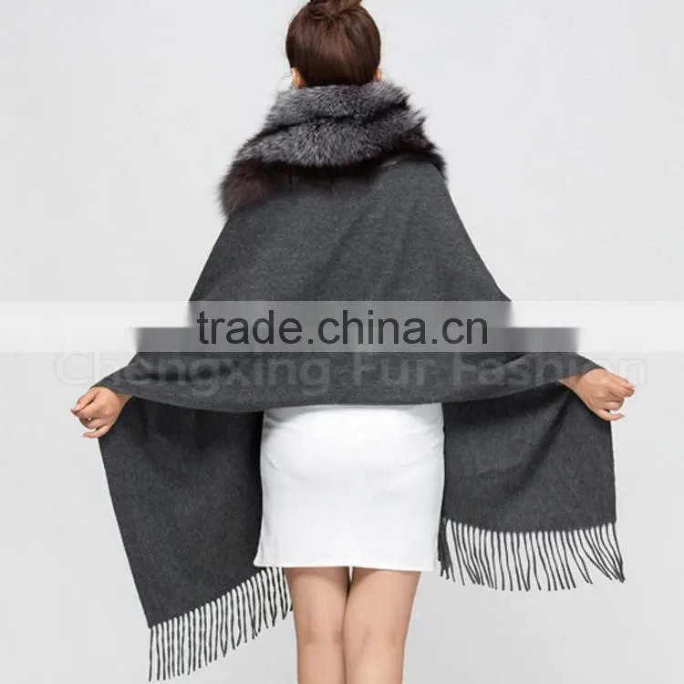 CX-B-P-53B Tassels Decoration Women's Fashion Fox Fur Trim Pashmina Shawl