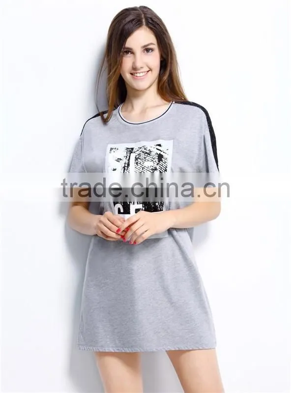 fashion women's contracted front plastisol printing letters embroidery short sleeve longline T-shirt