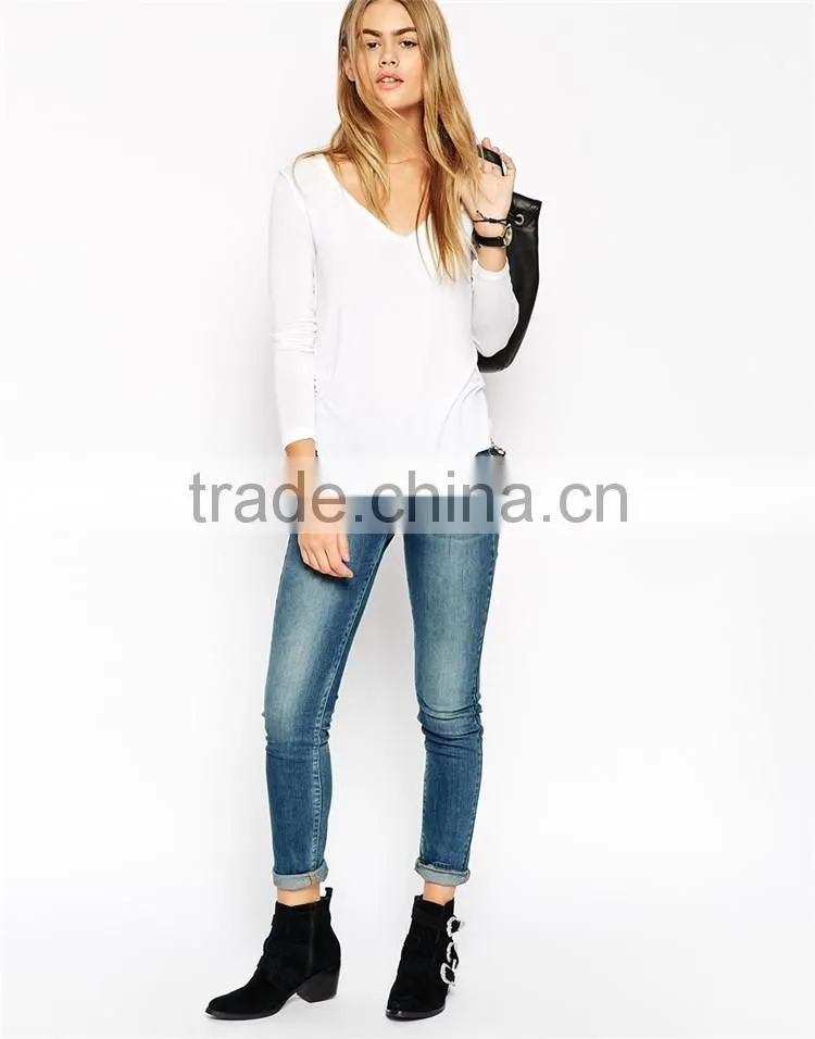 Womens long sleeve plain v neck wholesale t shirts