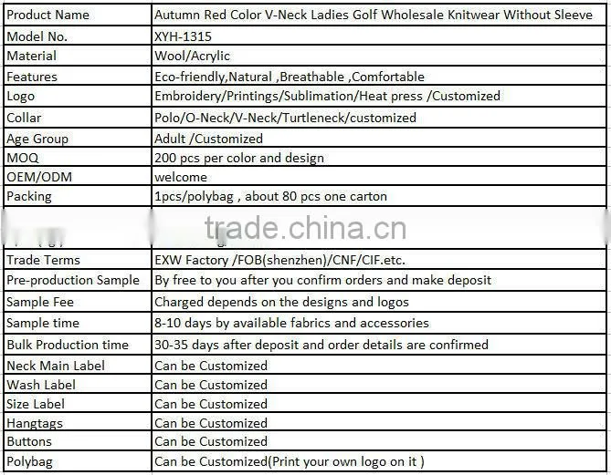 Autumn Red Color V-Neck Ladies Golf Wholesale Knitwear Without Sleeve