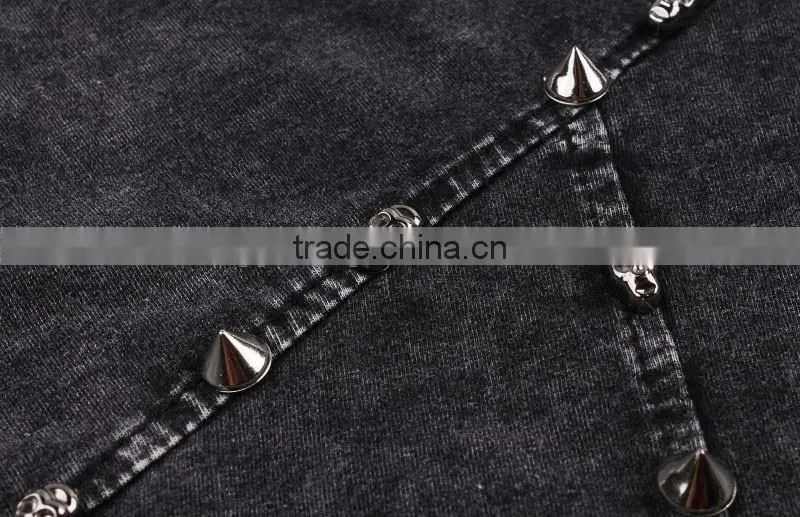Women's hollowed-out short sleeve washed vintage 100% cotton t shirt with rivets