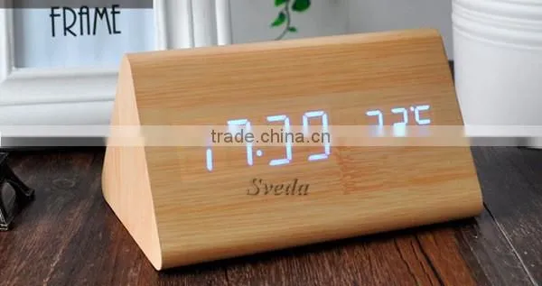 (Crazy Hot Selling)Wholesale Digital Wooden LED Alarm Clock,Wooden Table Clock,sound control Alarm Clock,Triangle wooden clock