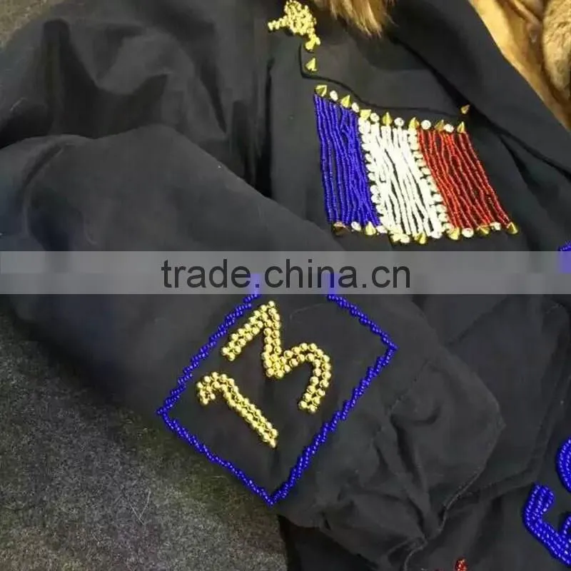2016 New arrival Dark blue Winter jacket France beading with faux fur apricot lining coats
