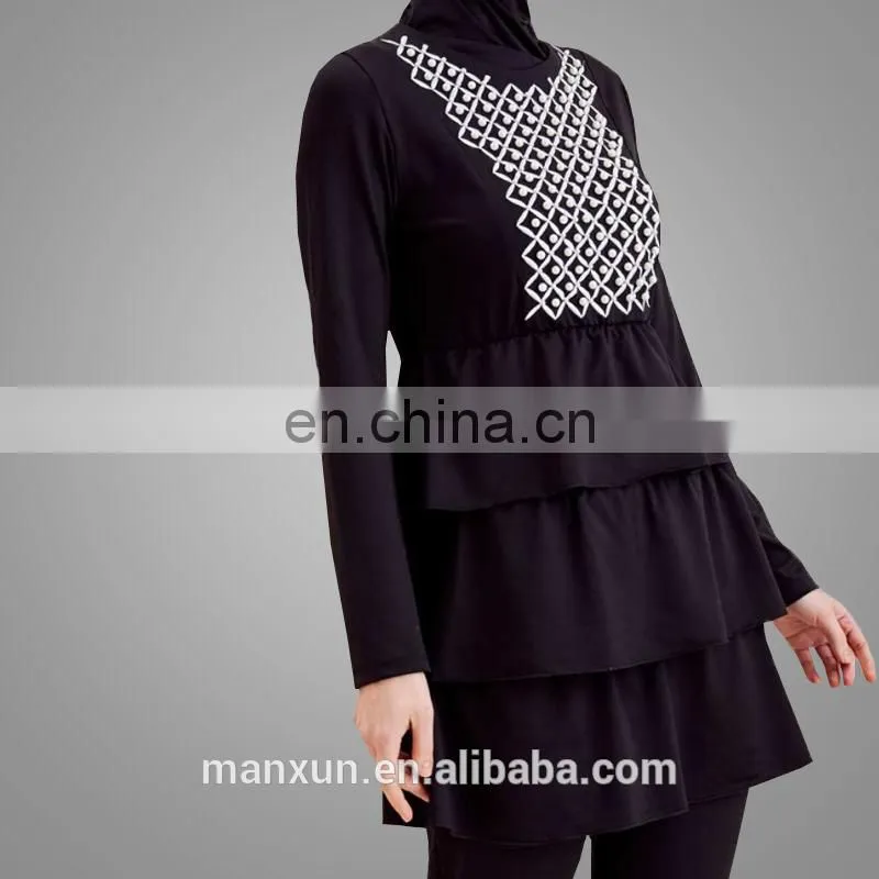 2017 Muslim Black Printing Pattern Women Swimming Suits Wholesale Plus Size Islamic Swimwear