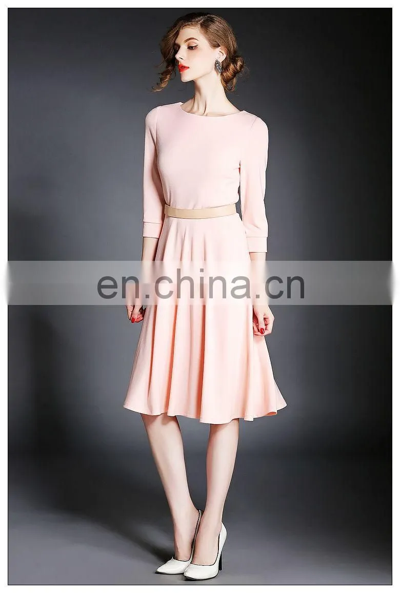 Ladies high quality three quarter sleeve solid knit dress, swing dress wholesale