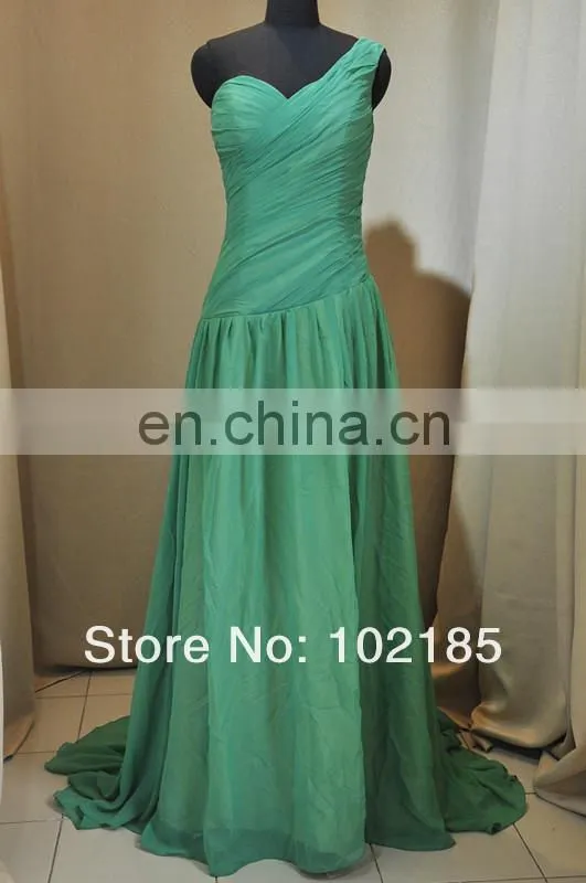 Watch!!! Real Photo!!! A-line Floor Length One Shoulder Chiffon Lime Green Evening Dress DE212