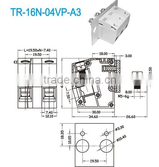 Through Panel Terminal Pitch 19.50mm 600V 85A High Current terminal