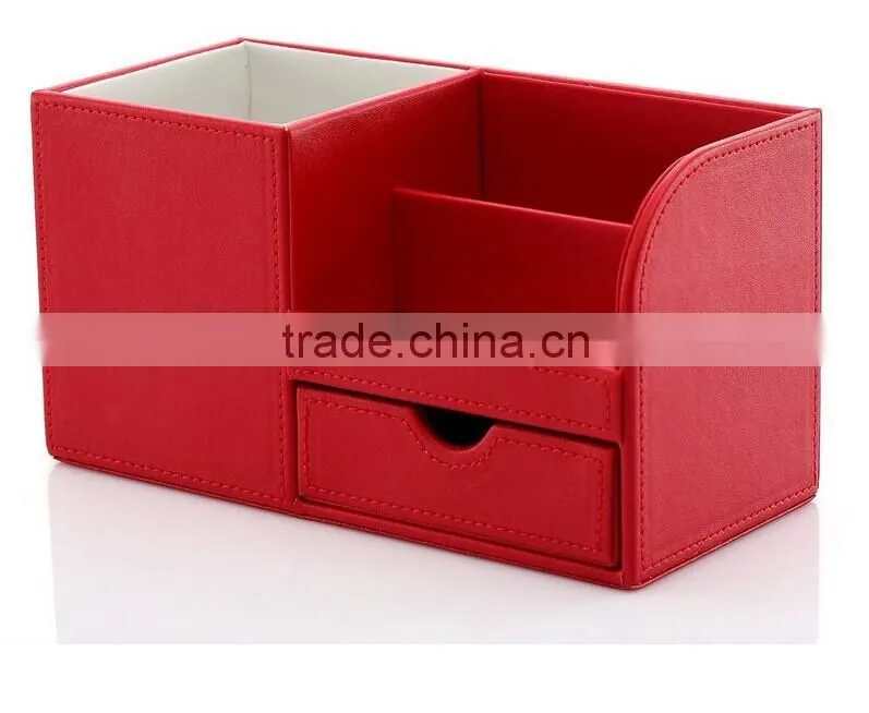 Pu Faux Leather tidy tray pen pot desk orgainser hot sell brush pot multifunction PU leather pen desk organizer