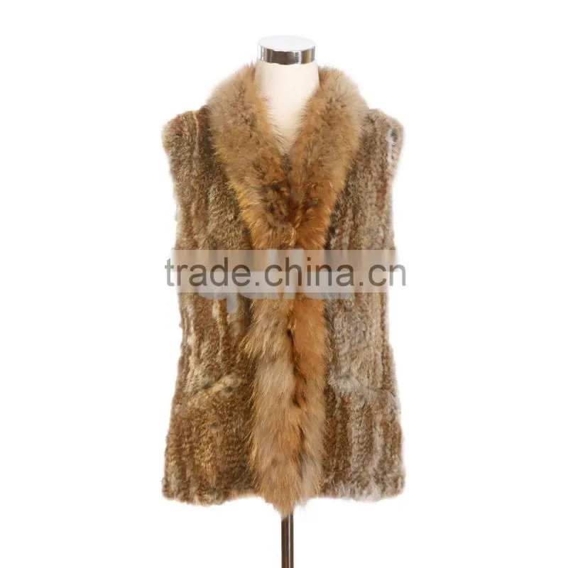 QD30434 Cheap China Bulk Wholesale Clothing Knitted Rabbit Fur Vest With Raccoon Fur Collar Clothes Women