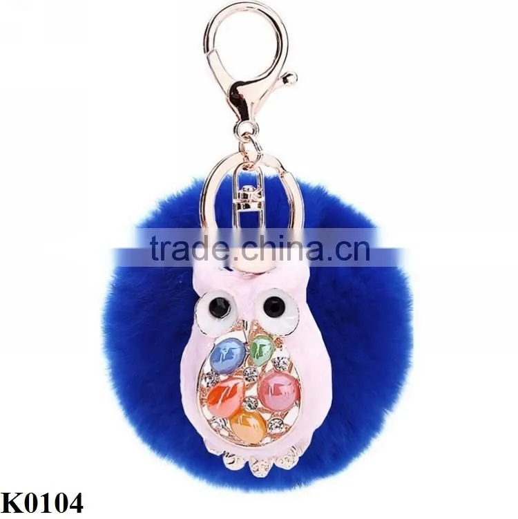 Colored owl keychain fur ball key chain owl with gemstone keychain keyring K0104