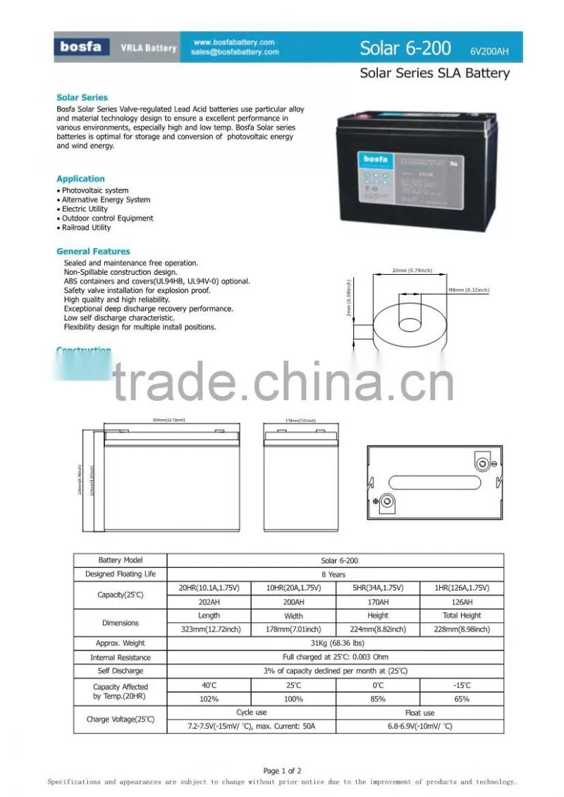solar deep cycle 6v200ah storage battery