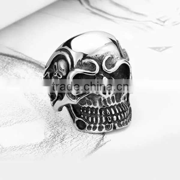 2016 engrave vintage punk skull head Antique silver 316L stainless steel ring band for men
