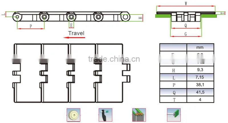 820-K250 width 82.6mm plastic POM anti-static table top chain for food conveyor