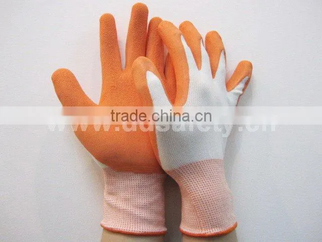 13G White Seamless Nylon Gloves With Orange Latex Foam Plam Coated Safety Gloves