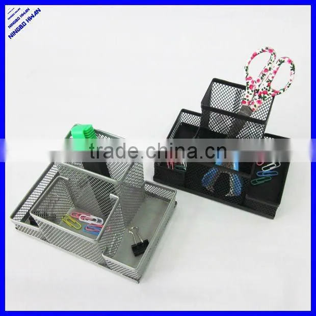 Rectangle 3 compartment metal mesh pen holder and note holder