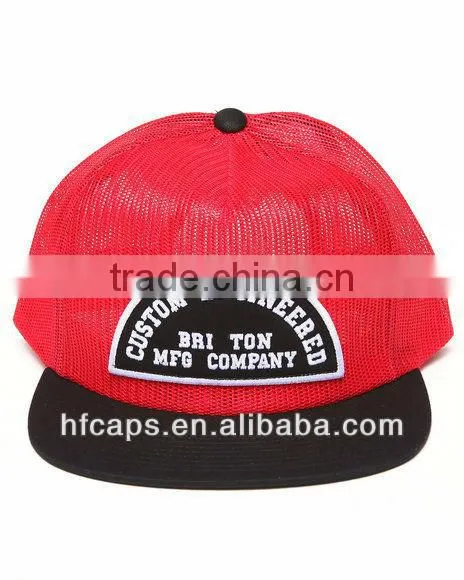 red custom design 6 panel flat bill full plain snapback mesh cap and hat