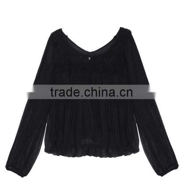 Hot selling modern unique high quality deep collar crepe chiffon blouses long sleeve butterfly blouse