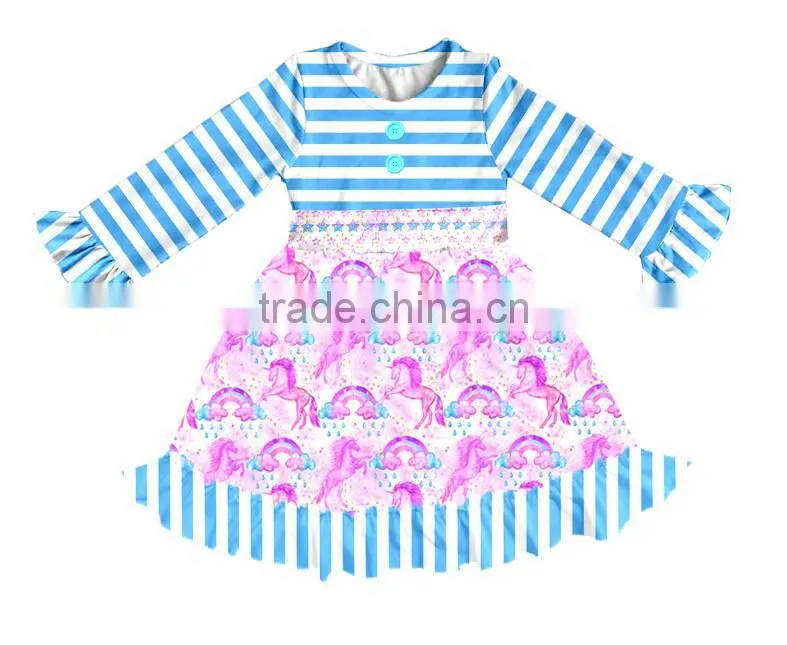 Ruffle lace Fall boutique outifit princess print unicorn pattern Cattoon print Swing dress Girls casual dress