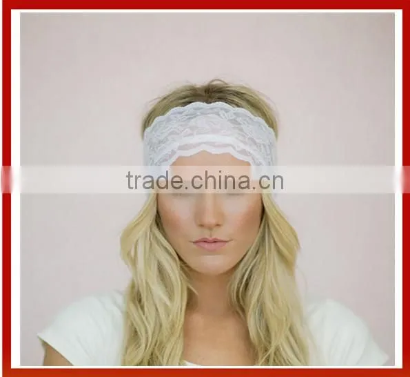 Hot selling Bohemia Stretchy Lace Pattern Headband Wide Headband With Tapered Cut and Scalloped Border/New Headband With Beads