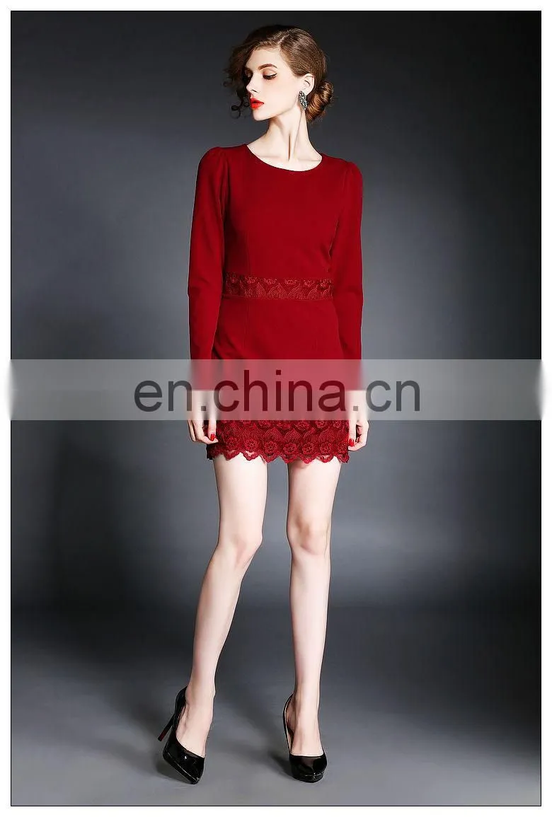 High quality ladies Maroon dress with lace trim, long sleeve fashion Autumn dress