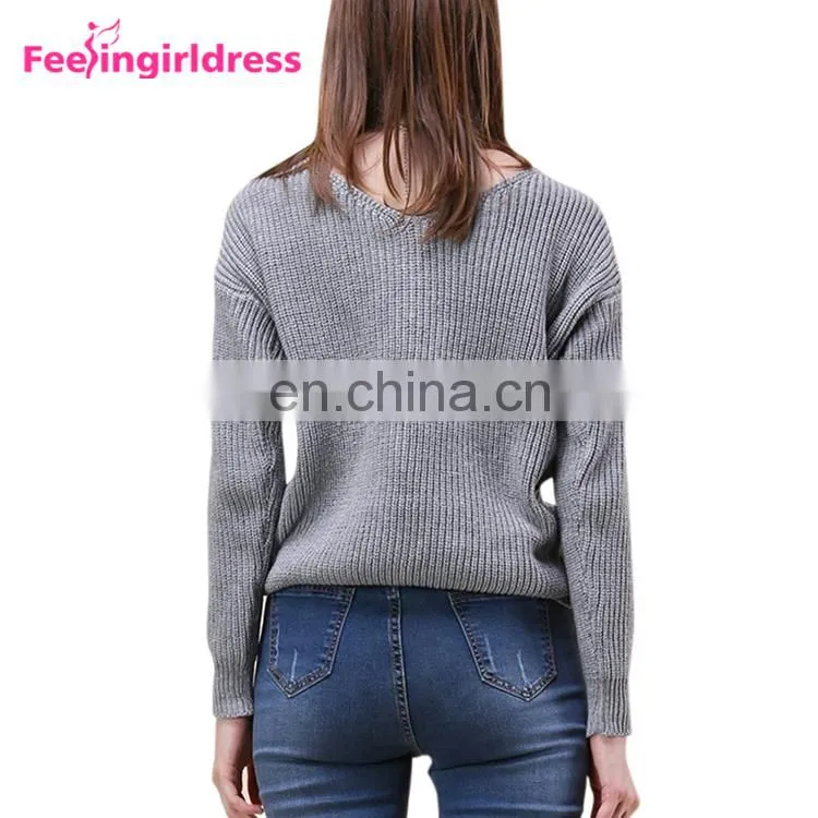 Long Sleeve Blouse Solid Black Backless Knitting Sweaters Knot Design