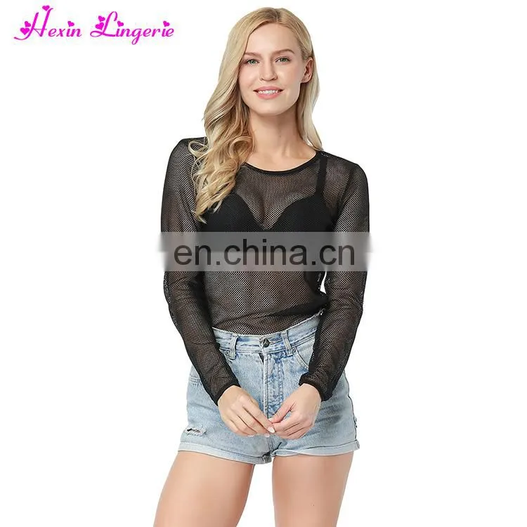 Hot Sale Fishnet Oversized Crewneck new design women blouse long sleeves