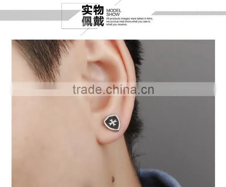 Men's titanium steel stud earrings golden shield cross mini earrings punk style design