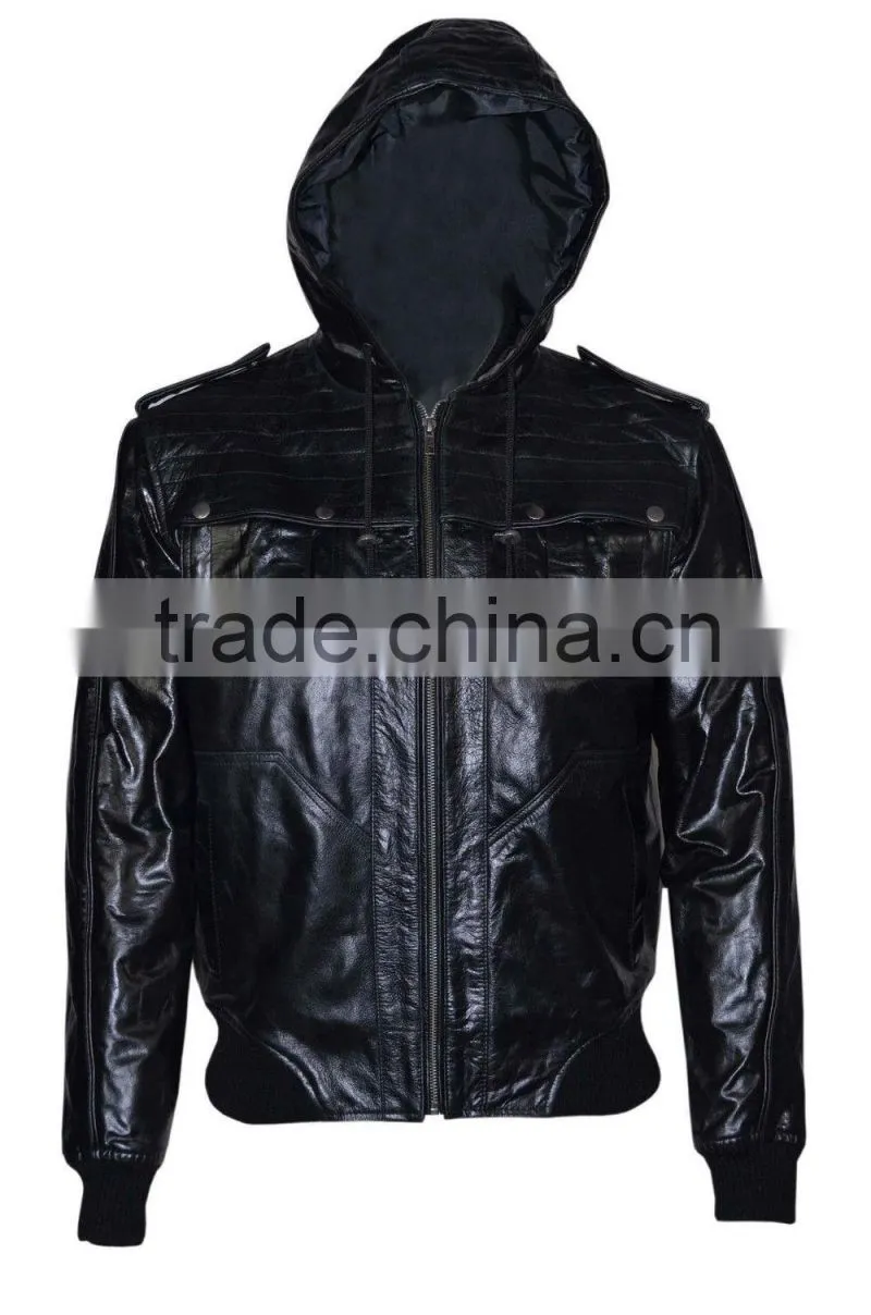 Black hooded leather jacket for men