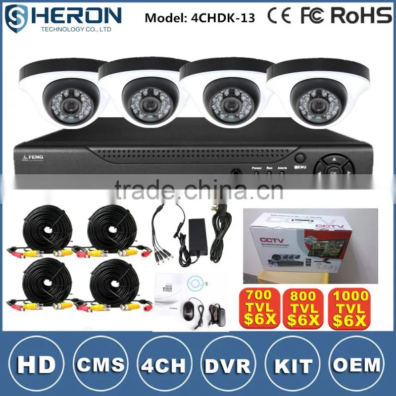 4/8/16ch HD 1000TVL H.264 P2P A key Internet DVR KITs security cctv camera system