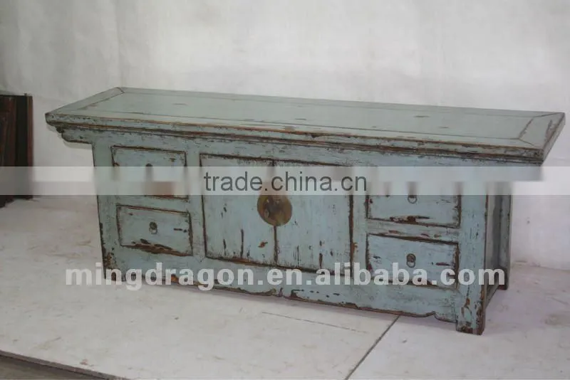 Chinese antique furniture pine wood blue four drawer two door cabinet