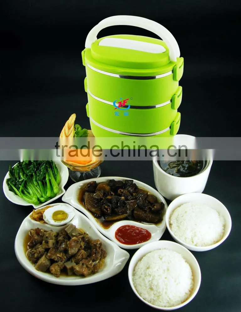 2014 new design printed bento stainless steel and PP plastic lunch box 3 tiers with buckle