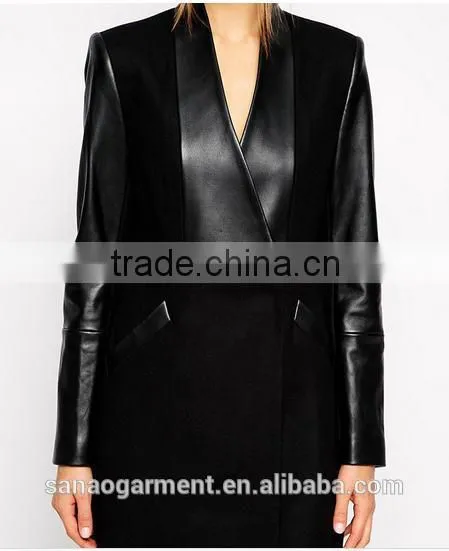 2015 European style women's Pu stitching woolen coat