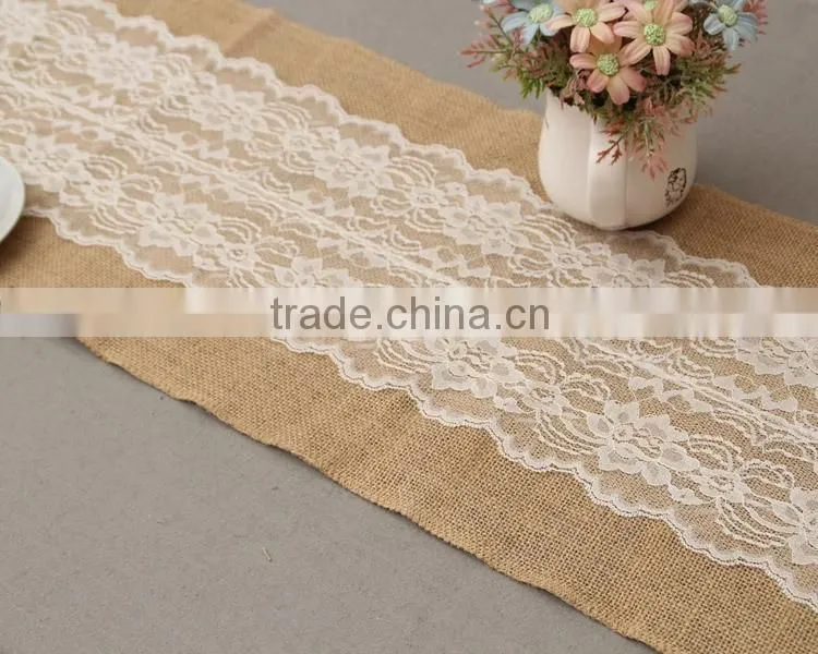 30*275cm Extra Large Burlap Tablecloth With Lace,Jute Burlap Trimming For Decoration