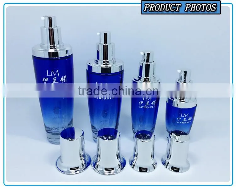 Bule colored glass cosmetic bottles and jars