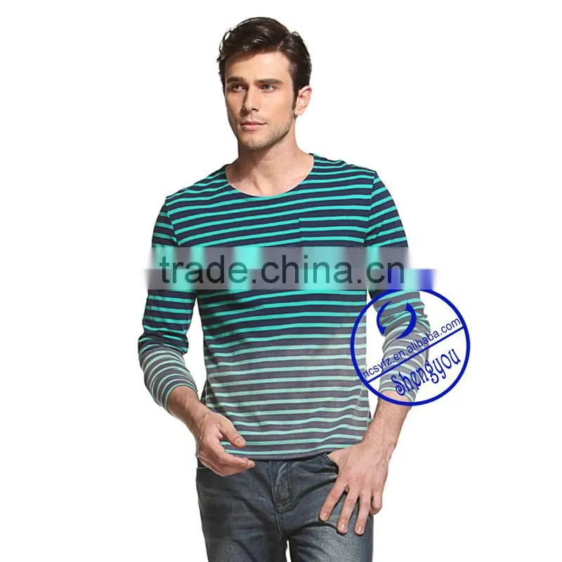 2015 China supplier custom long sleeve mens yarn dyed t-shirt wholesale clothing