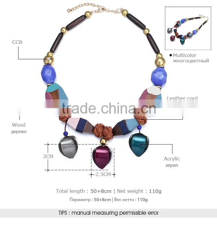 Women Necklace Wood Round Circle Pendant Pattern Sweater Chain Long Necklace