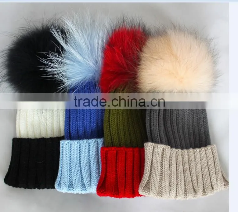 KH31 Wholesale factory price wool knitted hat with fox fur pompons