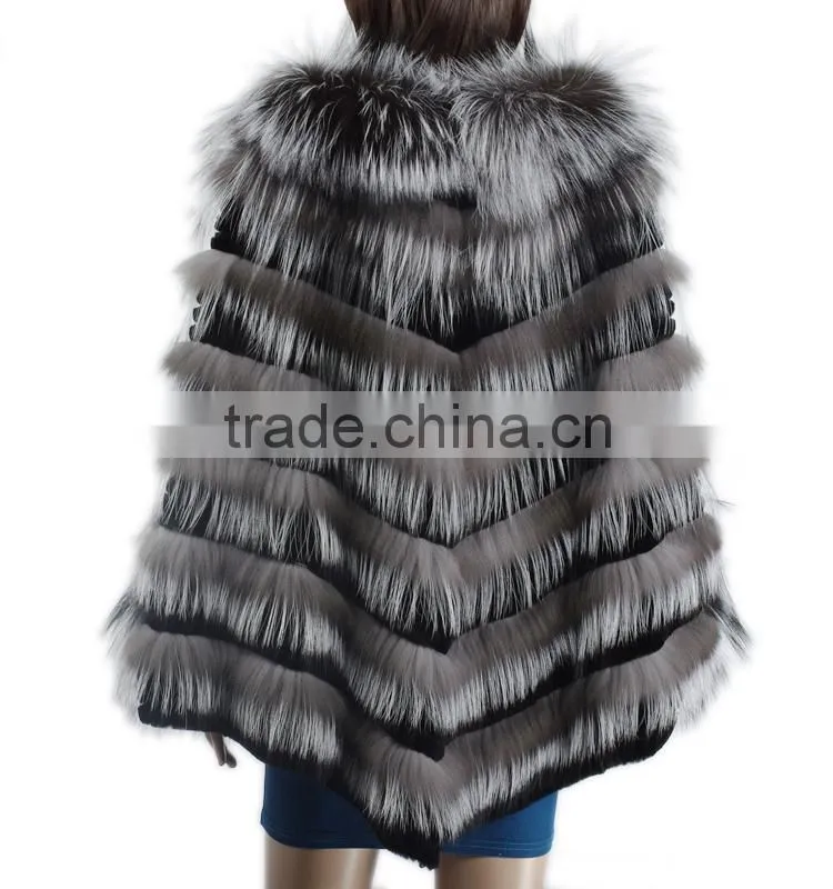 Women beautiful fur poncho silver fox fur poncho rex rabbit fur poncho sale KZ150082
