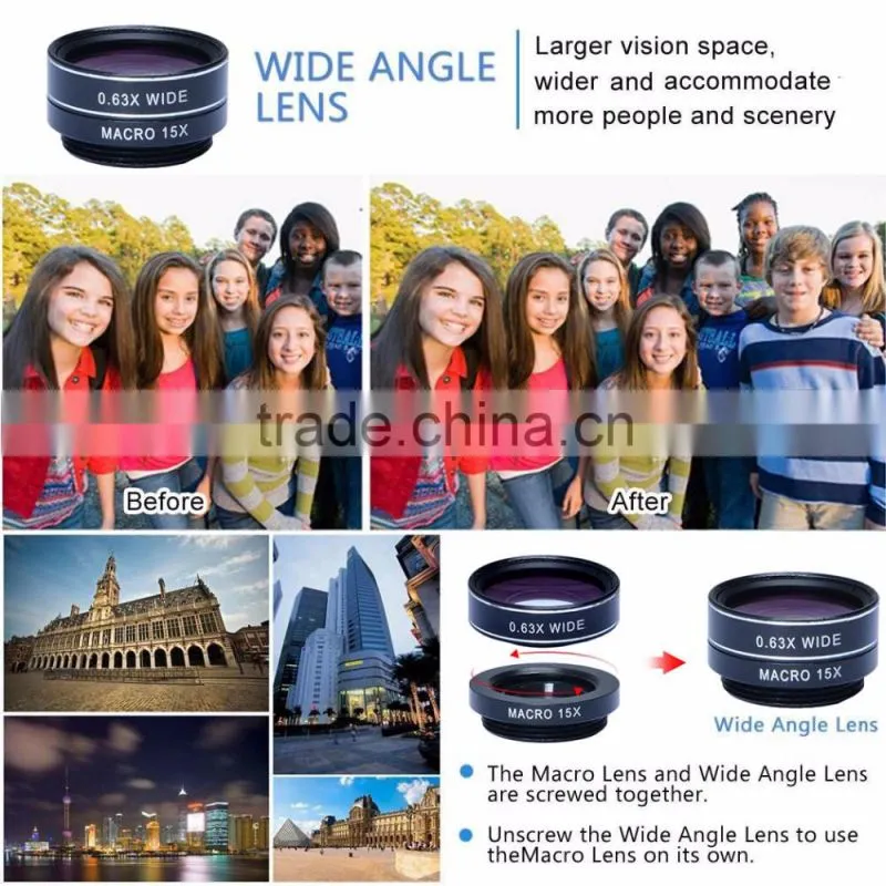 Fixed Focus Clip 3 in 1 lenses Fisheye Lens Wide Angle And Micro Lens Kit for iphone 7